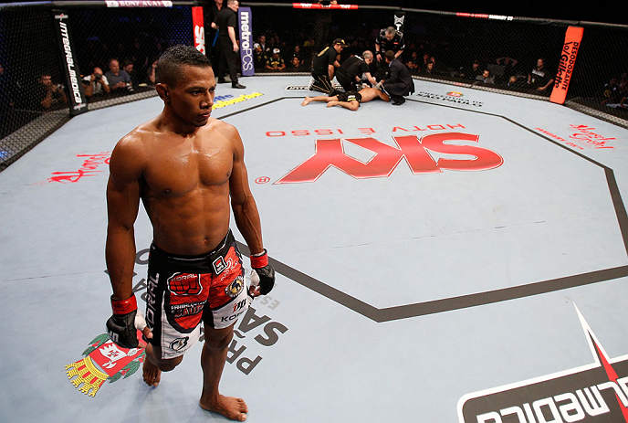 SAO PAULO, BRAZIL - JANUARY 19: (R-L) Yuri Alcantara waits in a neutral corner after an illegal strike against Pedro Nobre in their bantamweight fight at the UFC on FX event on January 19, 2013 at Ibirapuera Gymnasium in Sao Paulo, Brazil. (Photo by Josh Hedges/Zuffa LLC/Zuffa LLC via Getty Images)