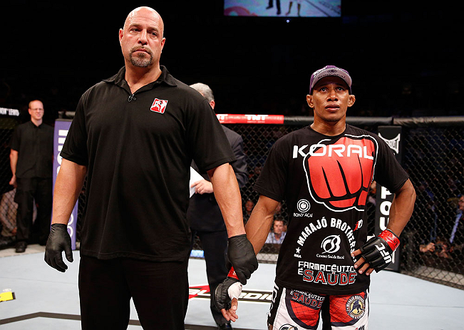 SAO PAULO, BRAZIL - JANUARY 19: Yuri Alcantara reacts after his bout against Pedro Nobre was declared a no-contest after an illegal strike at the UFC on FX event on January 19, 2013 at Ibirapuera Gymnasium in Sao Paulo, Brazil. (Photo by Josh Hedges/Zuffa LLC/Zuffa LLC via Getty Images)