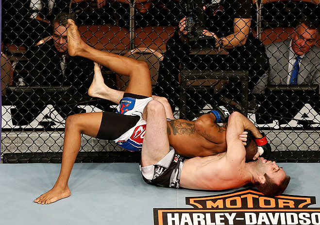 LAS VEGAS, NV - FEBRUARY 02: Jacob Volkmann (bottom) attempts to submit Bobby Green during their lightweight fight at UFC 156 on February 2, 2013 at the Mandalay Bay Events Center in Las Vegas, Nevada. (Photo by Josh Hedges/Zuffa LLC/Zuffa LLC via Getty Images) *** Local Caption *** Jacob Volkmann; Bobby Green