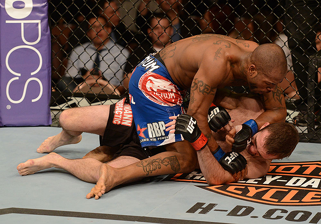 LAS VEGAS, NV - FEBRUARY 02: Bobby Green (top) elbows Jacob Volkmann during their lightweight fight at UFC 156 on February 2, 2013 at the Mandalay Bay Events Center in Las Vegas, Nevada. (Photo by Donald Miralle/Zuffa LLC/Zuffa LLC via Getty Images) *** Local Caption *** Jacob Volkmann; Bobby Green