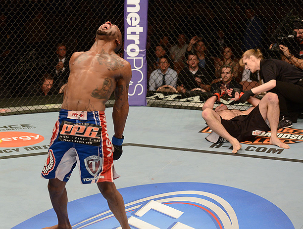 LAS VEGAS, NV - FEBRUARY 02: Bobby Green (left) reacts to his victory over Jacob Volkmann during their lightweight fight at UFC 156 on February 2, 2013 at the Mandalay Bay Events Center in Las Vegas, Nevada. (Photo by Donald Miralle/Zuffa LLC/Zuffa LLC via Getty Images) *** Local Caption *** Jacob Volkmann; Bobby Green