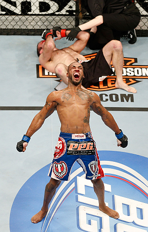 LAS VEGAS, NV - FEBRUARY 02: Bobby Green (pictured) reacts to his victory over Jacob Volkmann during their lightweight fight at UFC 156 on February 2, 2013 at the Mandalay Bay Events Center in Las Vegas, Nevada. (Photo by Josh Hedges/Zuffa LLC/Zuffa LLC via Getty Images) *** Local Caption *** Jacob Volkmann; Bobby Green