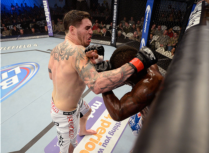 Chris Camozzi kicks <a href='../fighter/Lorenz-Larkin'><a href='../fighter/Lorenz-Larkin'>Lorenz Larkin</a></a> in their UFC middleweight bout on November 6, 2013 in Fort Campbell, KY. (Photo by Jeff Bottari/Zuffa LLC)