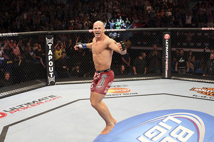 CALGARY, CANADA - JULY 21:  Ryan Jimmo celebrates after defeating Anthony Perosh by knockout in six seconds during round one of their light heavyweight bout at UFC 149 inside the Scotiabank Saddledome on July 21, 2012 in Calgary, Alberta, Canada.  (Photo by Nick Laham/Zuffa LLC/Zuffa LLC via Getty Images)