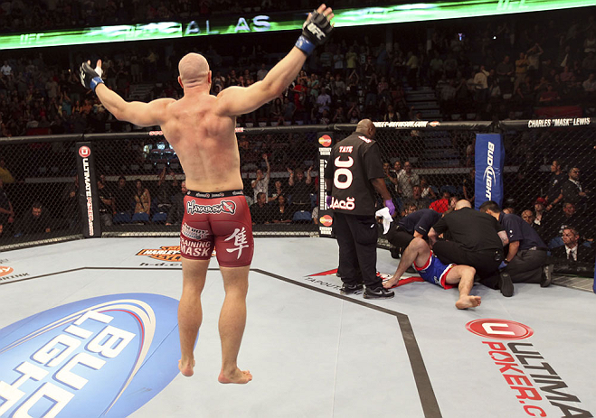 CALGARY, CANADA - JULY 21:  Ryan Jimmo knocks out Anthony Perosh in six seconds during their light heavyweight bout at UFC 149 inside the Scotiabank Saddledome on July 21, 2012 in Calgary, Alberta, Canada.  (Photo by Nick Laham/Zuffa LLC/Zuffa LLC via Getty Images)