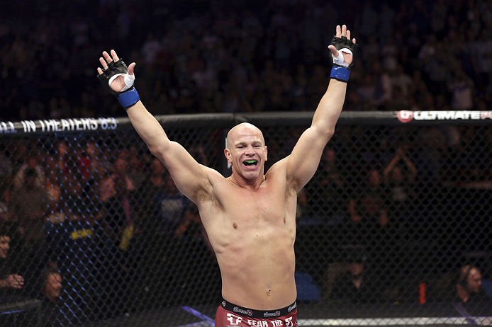 CALGARY, CANADA - JULY 21:  Ryan Jimmo celebrates after defeating Anthony Perosh by knockout in six seconds during round one of their light heavyweight bout at UFC 149 inside the Scotiabank Saddledome on July 21, 2012 in Calgary, Alberta, Canada.  (Photo by Nick Laham/Zuffa LLC/Zuffa LLC via Getty Images)