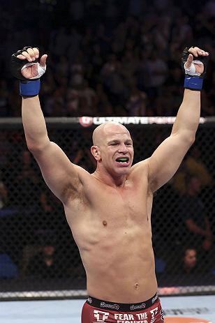 CALGARY, CANADA - JULY 21:  Ryan Jimmo celebrates after defeating Anthony Perosh by knockout in six seconds during round one of their light heavyweight bout at UFC 149 inside the Scotiabank Saddledome on July 21, 2012 in Calgary, Alberta, Canada.  (Photo by Nick Laham/Zuffa LLC/Zuffa LLC via Getty Images)