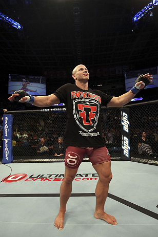 CALGARY, CANADA - JULY 21:  Ryan Jimmo celebrates after defeating Anthony Perosh by knockout in six seconds during round one of their light heavyweight bout at UFC 149 inside the Scotiabank Saddledome on July 21, 2012 in Calgary, Alberta, Canada.  (Photo by Nick Laham/Zuffa LLC/Zuffa LLC via Getty Images)