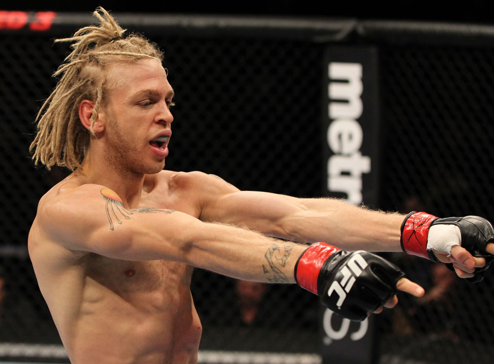 OMAHA, NE - FEBRUARY 15: Jonathan Brookins reacts after knocking out Vagner Rocha during the UFC on FUEL TV event at Omaha Civic Auditorium on February 15, 2012 in Omaha, Nebraska. (Photo by Josh Hedges/Zuffa LLC/Zuffa LLC via Getty Images) *** Local Caption *** Jonathan Brookins