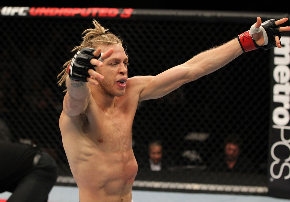 OMAHA, NE - FEBRUARY 15: Jonathan Brookins reacts after knocking out Vagner Rocha during the UFC on FUEL TV event at Omaha Civic Auditorium on February 15, 2012 in Omaha, Nebraska. (Photo by Josh Hedges/Zuffa LLC/Zuffa LLC via Getty Images) *** Local Caption *** Jonathan Brookins