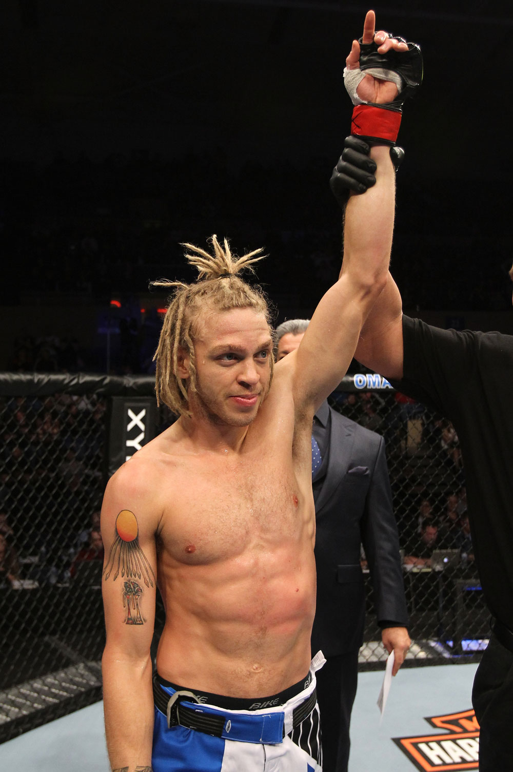 OMAHA, NE - FEBRUARY 15: Jonathan Brookins reacts after knocking out Vagner Rocha during the UFC on FUEL TV event at Omaha Civic Auditorium on February 15, 2012 in Omaha, Nebraska. (Photo by Josh Hedges/Zuffa LLC/Zuffa LLC via Getty Images) *** Local Caption *** Jonathan Brookins