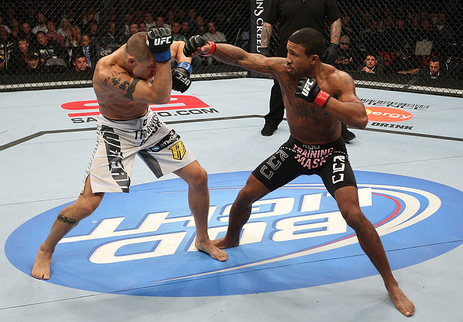 MINNEAPOLIS, MN - OCTOBER 05: (R-L) Marcus LeVesseur punches Carlo Prater during their lightweight fight at the UFC on FX event at Target Center on October 5, 2012 in Minneapolis, Minnesota. (Photo by Josh Hedges/Zuffa LLC/Zuffa LLC via Getty Images)
