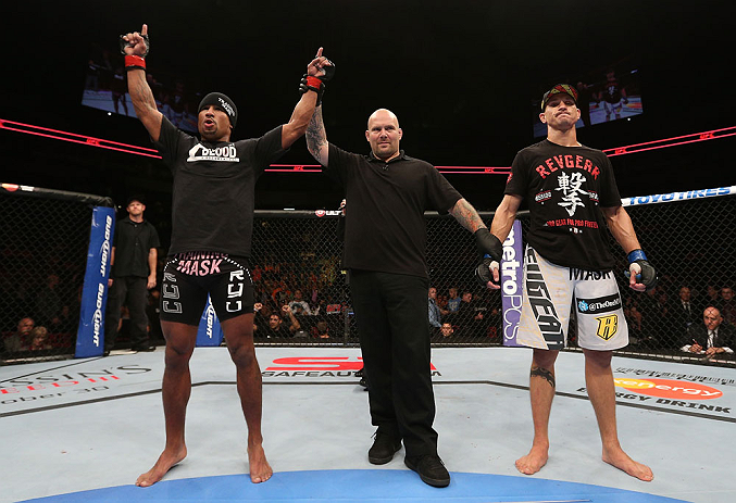 MINNEAPOLIS, MN - OCTOBER 05: Marcus LeVesseur (L) reacts after defeating Carlo Prater (R) during their lightweight fight at the UFC on FX event at Target Center on October 5, 2012 in Minneapolis, Minnesota. (Photo by Josh Hedges/Zuffa LLC/Zuffa LLC via Getty Images)