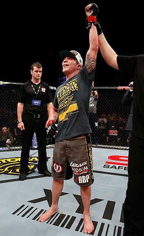 LONDON, ENGLAND - FEBRUARY 16: Andy Ogle reacts after defeating Josh Grispi in their featherweight fight during the UFC on Fuel TV event on February 16, 2013 at Wembley Arena in London, England. (Photo by Josh Hedges/Zuffa LLC/Zuffa LLC via Getty Images)