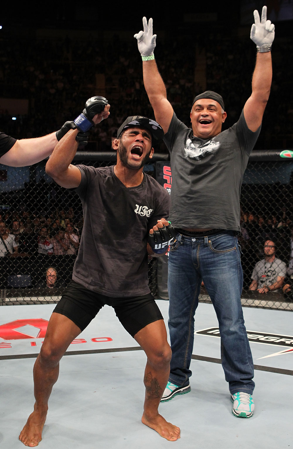 BELO HORIZONTE, BRAZIL - JUNE 23: Hugo "Wolverine" Viana reacts after his split decision victory over John Teixeira at Estadio Jornalista Felipe Drummond on June 23, 2012 in Belo Horizonte, Brazil. (Photo by Josh Hedges/Zuffa LLC/Zuffa LLC via Getty Images)