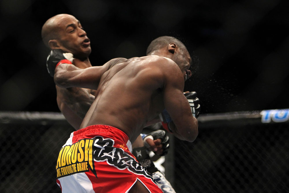 TORONTO, ON - DECEMBER 10:  (L-R) Walel Watson punches Yves Jabouin during the UFC 140 event at Air Canada Centre on December 10, 2011 in Toronto, Ontario, Canada.  (Photo by Josh Hedges/Zuffa LLC/Zuffa LLC via Getty Images)