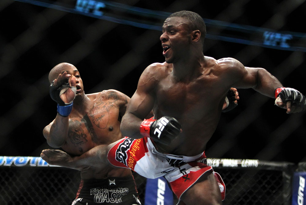 TORONTO, ON - DECEMBER 10:  (R-L) Yves Jabouin kicks Walel Watson during the UFC 140 event at Air Canada Centre on December 10, 2011 in Toronto, Ontario, Canada.  (Photo by Josh Hedges/Zuffa LLC/Zuffa LLC via Getty Images)
