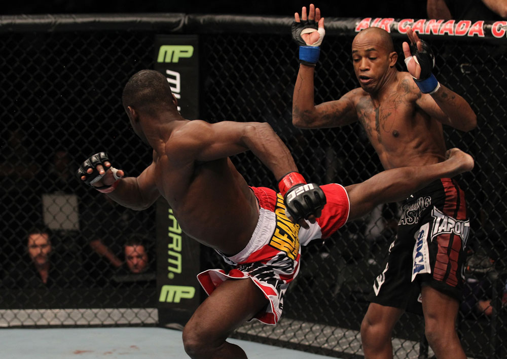 TORONTO, ON - DECEMBER 10:  (L-R) Yves Jabouin kicks Walel Watson during the UFC 140 event at Air Canada Centre on December 10, 2011 in Toronto, Ontario, Canada.  (Photo by Nick Laham/Zuffa LLC/Zuffa LLC via Getty Images)