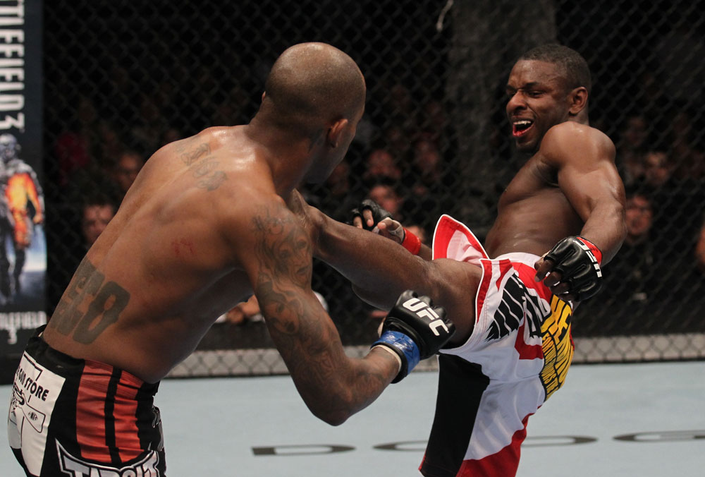 TORONTO, ON - DECEMBER 10:  (R-L) Yves Jabouin kicks Walel Watson during the UFC 140 event at Air Canada Centre on December 10, 2011 in Toronto, Ontario, Canada.  (Photo by Nick Laham/Zuffa LLC/Zuffa LLC via Getty Images)