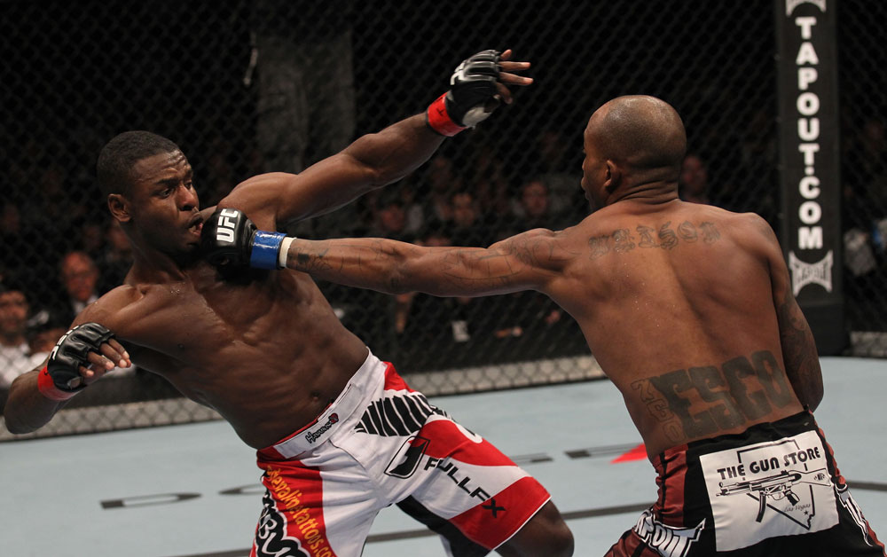 TORONTO, ON - DECEMBER 10:  (R-L) Walel Watson punches Yves Jabouin during the UFC 140 event at Air Canada Centre on December 10, 2011 in Toronto, Ontario, Canada.  (Photo by Nick Laham/Zuffa LLC/Zuffa LLC via Getty Images)