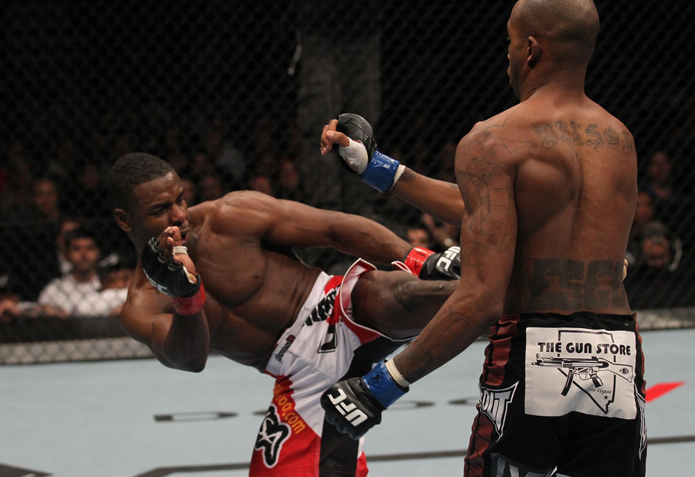 TORONTO, ON - DECEMBER 10:  (L-R) Yves Jabouin kicks Walel Watson during the UFC 140 event at Air Canada Centre on December 10, 2011 in Toronto, Ontario, Canada.  (Photo by Nick Laham/Zuffa LLC/Zuffa LLC via Getty Images)