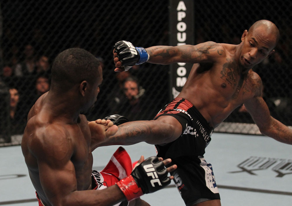 TORONTO, ON - DECEMBER 10:  (R-L) Walel Watson kicks Yves Jabouin during the UFC 140 event at Air Canada Centre on December 10, 2011 in Toronto, Ontario, Canada.  (Photo by Nick Laham/Zuffa LLC/Zuffa LLC via Getty Images)