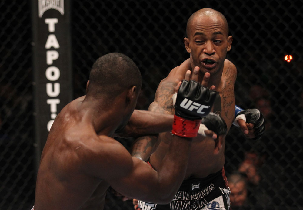 TORONTO, ON - DECEMBER 10:  (R-L) Walel Watson punches Yves Jabouin during the UFC 140 event at Air Canada Centre on December 10, 2011 in Toronto, Ontario, Canada.  (Photo by Nick Laham/Zuffa LLC/Zuffa LLC via Getty Images)
