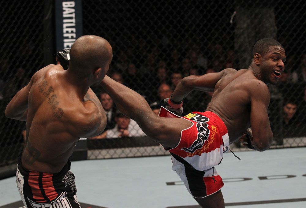 TORONTO, ON - DECEMBER 10:  (R-L) Yves Jabouin kicks Walel Watson during the UFC 140 event at Air Canada Centre on December 10, 2011 in Toronto, Ontario, Canada.  (Photo by Nick Laham/Zuffa LLC/Zuffa LLC via Getty Images)