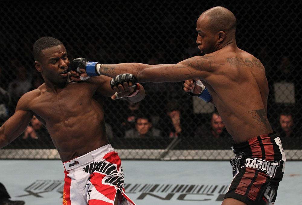 TORONTO, ON - DECEMBER 10:  (R-L) Walel Watson punches Yves Jabouin during the UFC 140 event at Air Canada Centre on December 10, 2011 in Toronto, Ontario, Canada.  (Photo by Nick Laham/Zuffa LLC/Zuffa LLC via Getty Images)