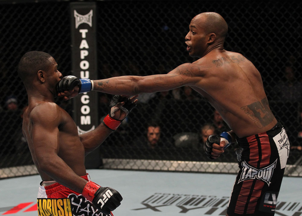 TORONTO, ON - DECEMBER 10:  (R-L) Walel Watson punches Yves Jabouin during the UFC 140 event at Air Canada Centre on December 10, 2011 in Toronto, Ontario, Canada.  (Photo by Nick Laham/Zuffa LLC/Zuffa LLC via Getty Images)
