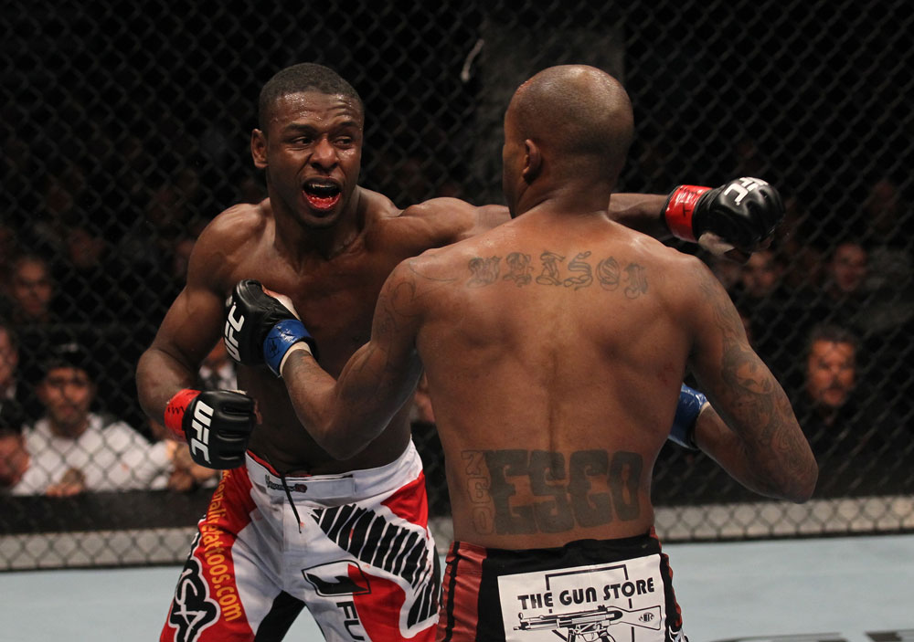 TORONTO, ON - DECEMBER 10:  (L-R) Yves Jabouin punches Walel Watson during the UFC 140 event at Air Canada Centre on December 10, 2011 in Toronto, Ontario, Canada.  (Photo by Nick Laham/Zuffa LLC/Zuffa LLC via Getty Images)