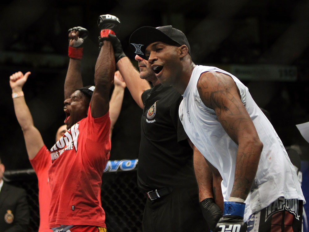 TORONTO, ON - DECEMBER 10:  Yves Jabouin (L) and Walel Watson (R) react after Jabouin is announced the winner by split decision in their bout during the UFC 140 event at Air Canada Centre on December 10, 2011 in Toronto, Ontario, Canada.  (Photo by Josh Hedges/Zuffa LLC/Zuffa LLC via Getty Images)