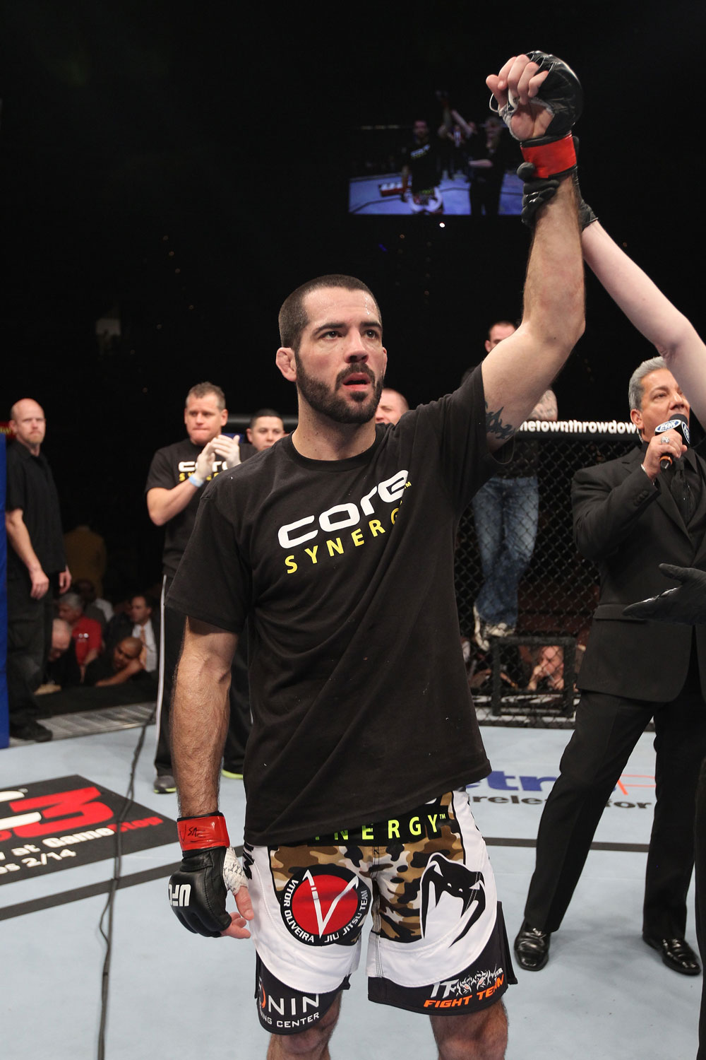 LAS VEGAS, NV - FEBRUARY 04:  Matt Brown is declared the winner in his fight against Chris Cope during the UFC 143 event at Mandalay Bay Events Center on February 4, 2012 in Las Vegas, Nevada.  (Photo by Nick Laham/Zuffa LLC/Zuffa LLC via Getty Images) *** Local Caption *** Matt Brown