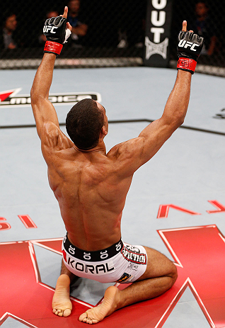 SAO PAULO, BRAZIL - JANUARY 19: Edson Barboza reacts after knocking out Lucas Martins in their lightweight fight at the UFC on FX event on January 19, 2013 at Ibirapuera Gymnasium in Sao Paulo, Brazil. (Photo by Josh Hedges/Zuffa LLC/Zuffa LLC via Getty Images)