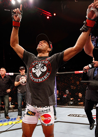 SAO PAULO, BRAZIL - JANUARY 19: Edson Barboza reacts after knocking out Lucas Martins in their lightweight fight at the UFC on FX event on January 19, 2013 at Ibirapuera Gymnasium in Sao Paulo, Brazil. (Photo by Josh Hedges/Zuffa LLC/Zuffa LLC via Getty Images)