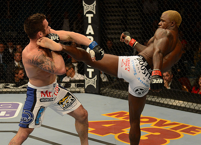 LAS VEGAS, NV - DECEMBER 29:  (R-L) Melvin Guillard kicks Jamie Varner during their lightweight fight at UFC 155 on December 29, 2012 at MGM Grand Garden Arena in Las Vegas, Nevada. (Photo by Donald Miralle/Zuffa LLC/Zuffa LLC via Getty Images) *** Local Caption *** Melvin Guillard; Jamie Varner