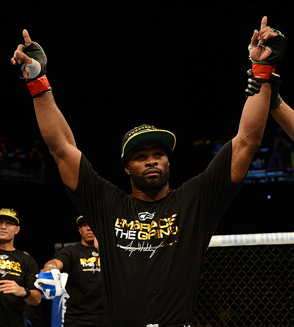 LAS VEGAS, NV - FEBRUARY 02: Tyron Woodley reacts to his victory over Jay Hieron after their welterweight fight at UFC 156 on February 2, 2013 at the Mandalay Bay Events Center in Las Vegas, Nevada. (Photo by Donald Miralle/Zuffa LLC/Zuffa LLC via Getty Images) *** Local Caption *** Jay Hieron; Tyron Woodley