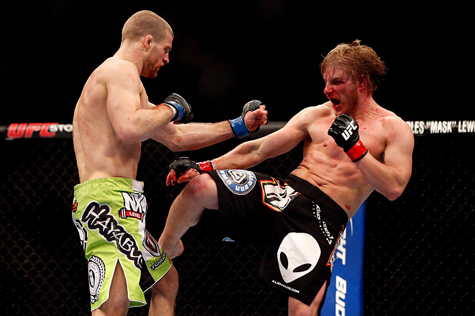 CHICAGO, IL - JANUARY 26:  Pascal Krauss (L) fights Mike Stumpf (R) during their Welterweight Bout part of UFC on FOX at United Center on January 26, 2013 in Chicago, Illinois.  (Photo by Josh Hedges/Zuffa LLC/Zuffa LLC Via Getty Images)