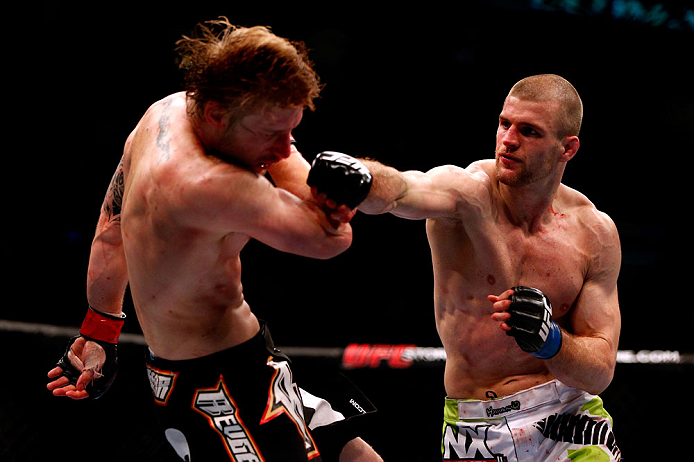 CHICAGO, IL - JANUARY 26:  Pascal Krauss (R) fights Mike Stumpf (L) during their Welterweight Bout part of UFC on FOX at United Center on January 26, 2013 in Chicago, Illinois.  (Photo by Josh Hedges/Zuffa LLC/Zuffa LLC Via Getty Images)