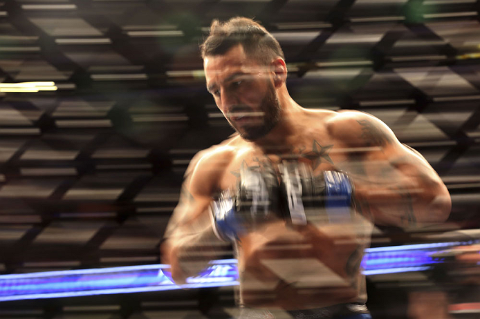 CALGARY, CANADA - JULY 21: Francisco Rivera enters the Octagon prior to facing Roland Delorme during their bantamweight bout at UFC 149 inside the Scotiabank Saddledome on July 21, 2012 in Calgary, Alberta, Canada.  (Photo by Nick Laham/Zuffa LLC/Zuffa LLC via Getty Images)
