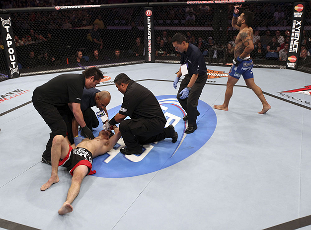 CALGARY, CANADA - JULY 21:  Francisco Rivera celebrates after defeating Roland Delorme during their bantamweight bout at UFC 149 inside the Scotiabank Saddledome on July 21, 2012 in Calgary, Alberta, Canada.  (Photo by Nick Laham/Zuffa LLC/Zuffa LLC via Getty Images)