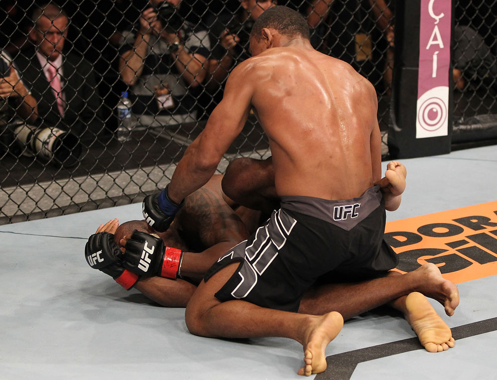 BELO HORIZONTE, BRAZIL - JUNE 23: (R-L) Francisco Trinaldo punches Delson "Pe De Chumbo" Heleno during their UFC 147 middleweight bout at Estadio Jornalista Felipe Drummond on June 23, 2012 in Belo Horizonte, Brazil. (Photo by Josh Hedges/Zuffa LLC/Zuffa LLC via Getty Images)