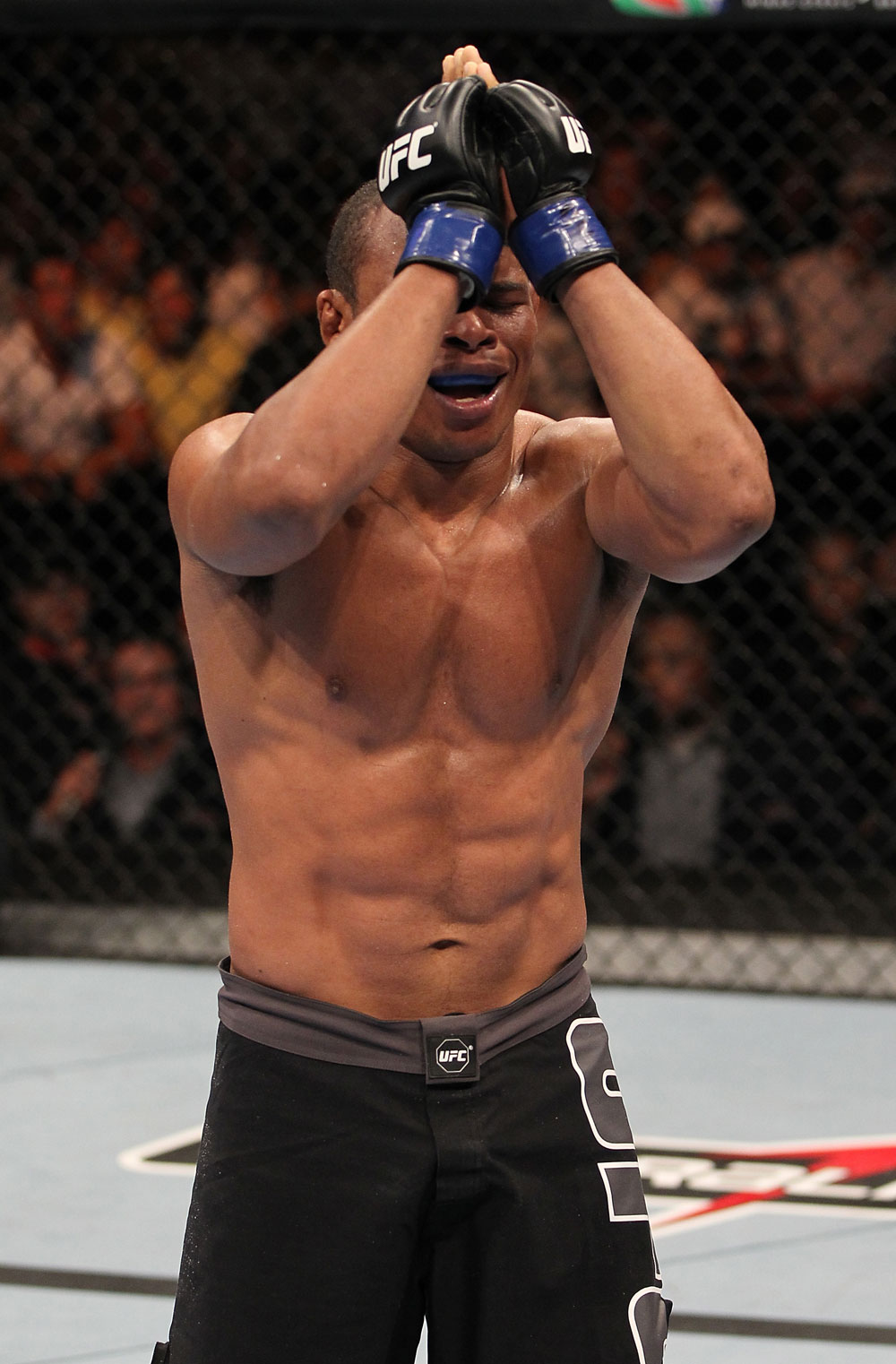 BELO HORIZONTE, BRAZIL - JUNE 23: Francisco Trinaldo reacts after his TKO victory over Delson "Pe De Chumbo" Heleno during their UFC 147 middleweight bout at Estadio Jornalista Felipe Drummond on June 23, 2012 in Belo Horizonte, Brazil. (Photo by Josh Hedges/Zuffa LLC/Zuffa LLC via Getty Images)