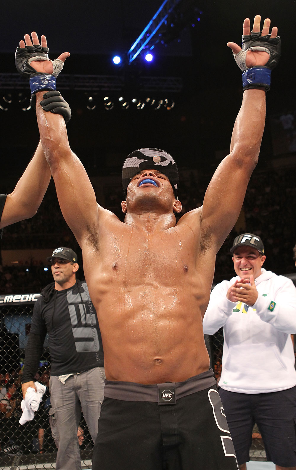 BELO HORIZONTE, BRAZIL - JUNE 23: Francisco Trinaldo reacts after his TKO victory over Delson "Pe De Chumbo" Heleno during their UFC 147 middleweight bout at Estadio Jornalista Felipe Drummond on June 23, 2012 in Belo Horizonte, Brazil. (Photo by Josh Hedges/Zuffa LLC/Zuffa LLC via Getty Images)