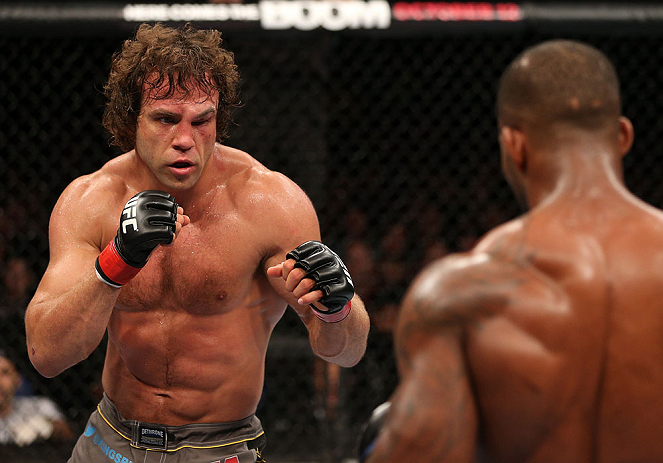 NOTTINGHAM, ENGLAND - SEPTEMBER 29: (L-R) Kyle Kingsbury squares off with Jimi Manuwa during their light heavyweight fight at the UFC on Fuel TV event at Capital FM Arena on September 29, 2012 in Nottingham, England. (Photo by Josh Hedges/Zuffa LLC/Zuffa LLC via Getty Images)