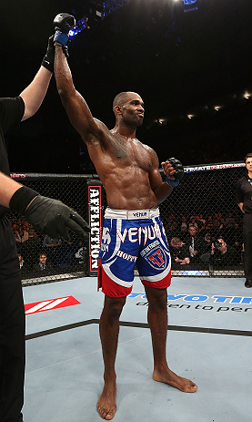 NOTTINGHAM, ENGLAND - SEPTEMBER 29: Jimi Manuwa reacts after defeating Kyle Kingsbury during their light heavyweight fight at the UFC on Fuel TV event at Capital FM Arena on September 29, 2012 in Nottingham, England. (Photo by Josh Hedges/Zuffa LLC/Zuffa LLC via Getty Images)
