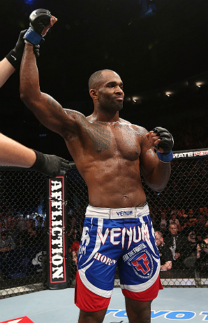 NOTTINGHAM, ENGLAND - SEPTEMBER 29: Jimi Manuwa reacts after defeating Kyle Kingsbury during their light heavyweight fight at the UFC on Fuel TV event at Capital FM Arena on September 29, 2012 in Nottingham, England. (Photo by Josh Hedges/Zuffa LLC/Zuffa LLC via Getty Images)
