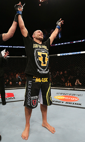 MINNEAPOLIS, MN - OCTOBER 05: Mike Pierce reacts after knocking out Aaron Simpson during their welterweight fight at the UFC on FX event at Target Center on October 5, 2012 in Minneapolis, Minnesota. (Photo by Josh Hedges/Zuffa LLC/Zuffa LLC via Getty Images)