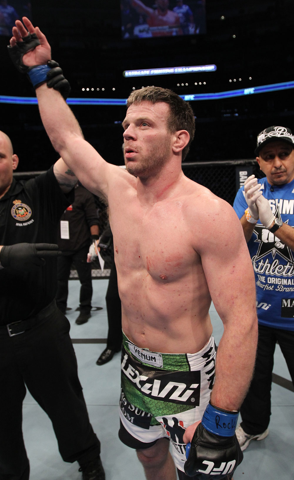 TORONTO, ON - DECEMBER 10:  Dennis Hallman reacts after defeating John Makdessi during the UFC 140 event at Air Canada Centre on December 10, 2011 in Toronto, Ontario, Canada.  (Photo by Nick Laham/Zuffa LLC/Zuffa LLC via Getty Images)