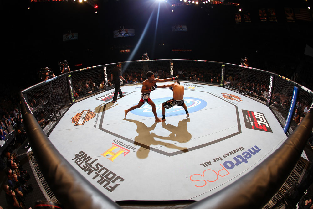 LAS VEGAS, NV - FEBRUARY 04:  (L-R) Alex Caceres and Edwin Figueroa exchange blows during the UFC 143 event at Mandalay Bay Events Center on February 4, 2012 in Las Vegas, Nevada.  (Photo by Nick Laham/Zuffa LLC/Zuffa LLC via Getty Images) *** Local Caption *** Alex Caceres; Edwin Figueroa